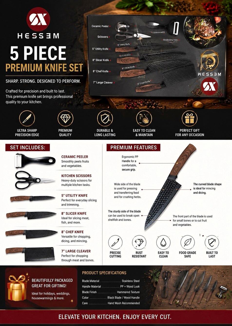 HESSEM Heesem Pro 5pc Knife Set w/ Chef & Slicer, Peeler, Scissors